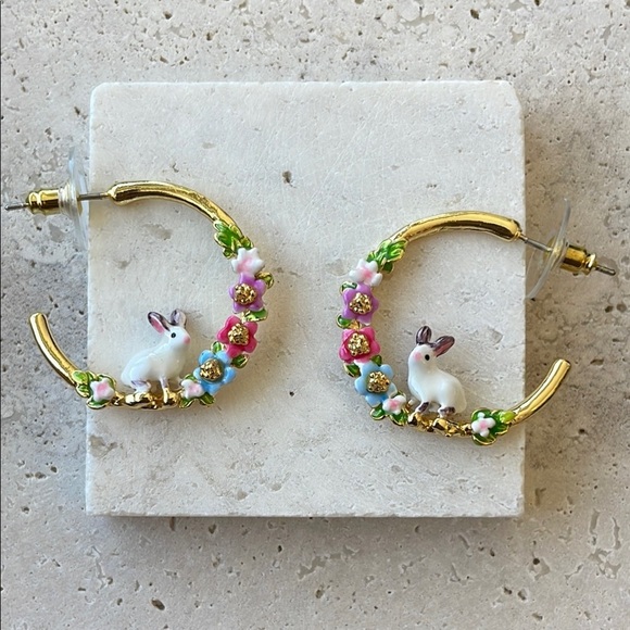 les NEREIDES Jewelry - Les NEREIDES Gold Hoop Earrings with Bunny and Floral Accents